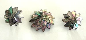 AUTHENTIC SIGNED STERLING SILVER MEXICO ABALONE SHELL BROOCH & EARRINGS SET - Picture 1 of 6
