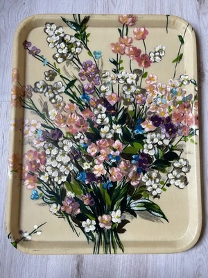 Grand plateau de service en fibre de verre décor floral années 70 bouquet fleurs - Photo 1/4