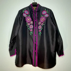 Bob Mack Wearable Art Women’s Long Sleeve Top 100% Silk Embroidery Black Size 1X - Picture 1 of 8