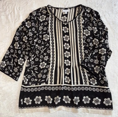 Blusa túnica J. Jill negra marfil floral manga 3/4 talla pequeña ligera Foto 1 de 4