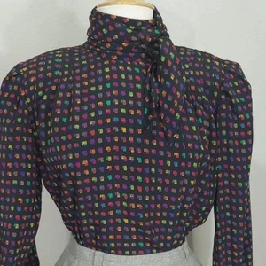 Vintage 80's Blouse Rainbow Black Long Sleeve Pussy Bow Doncaster Size L XL - Picture 1 of 11