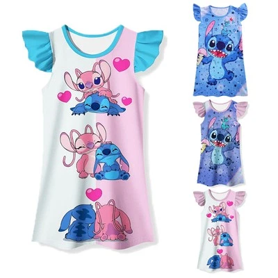 Kids Girls Angel Stitch Sleepwear Pyjamas Nightdress Princess Nightgown Dress UK - Image 1 of 4