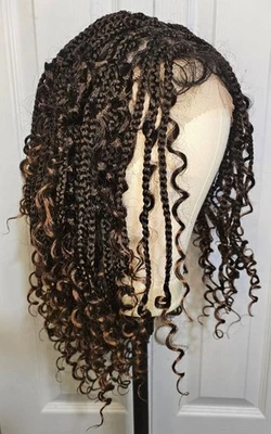 Peluca corta Boho trenzada marrón de encaje completa trenzas rizadas de mezcla sintética humana de 16 pulgadas Foto 1 de 4