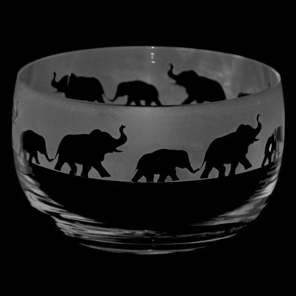 Engraved Glass Bowl Elephants Home Decor Hand Decorated Ornament Gift Box - Image 1 of 1