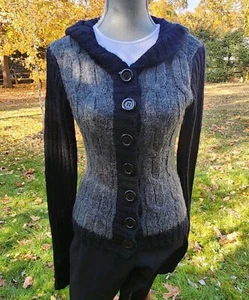 Buffalo Womens Hooded Sweater Button Front Wool Blend Black Gray MINT - Picture 1 of 19