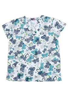 Womens Fashion Medical Nursing Scrub Print Tops Embroidery Butterfly W/ Heart S - Picture 1 of 2