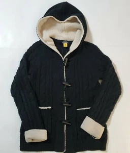 Cabelas Women's Black Cable Knit Sweater Jacket Size Small White Sherpa Trim - Picture 1 of 8