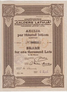 1926 Latvia CALDERS LATVIJA Timber Manuf. SHARE 1000 LATS 1926 XF Series 000255 - Picture 1 of 2
