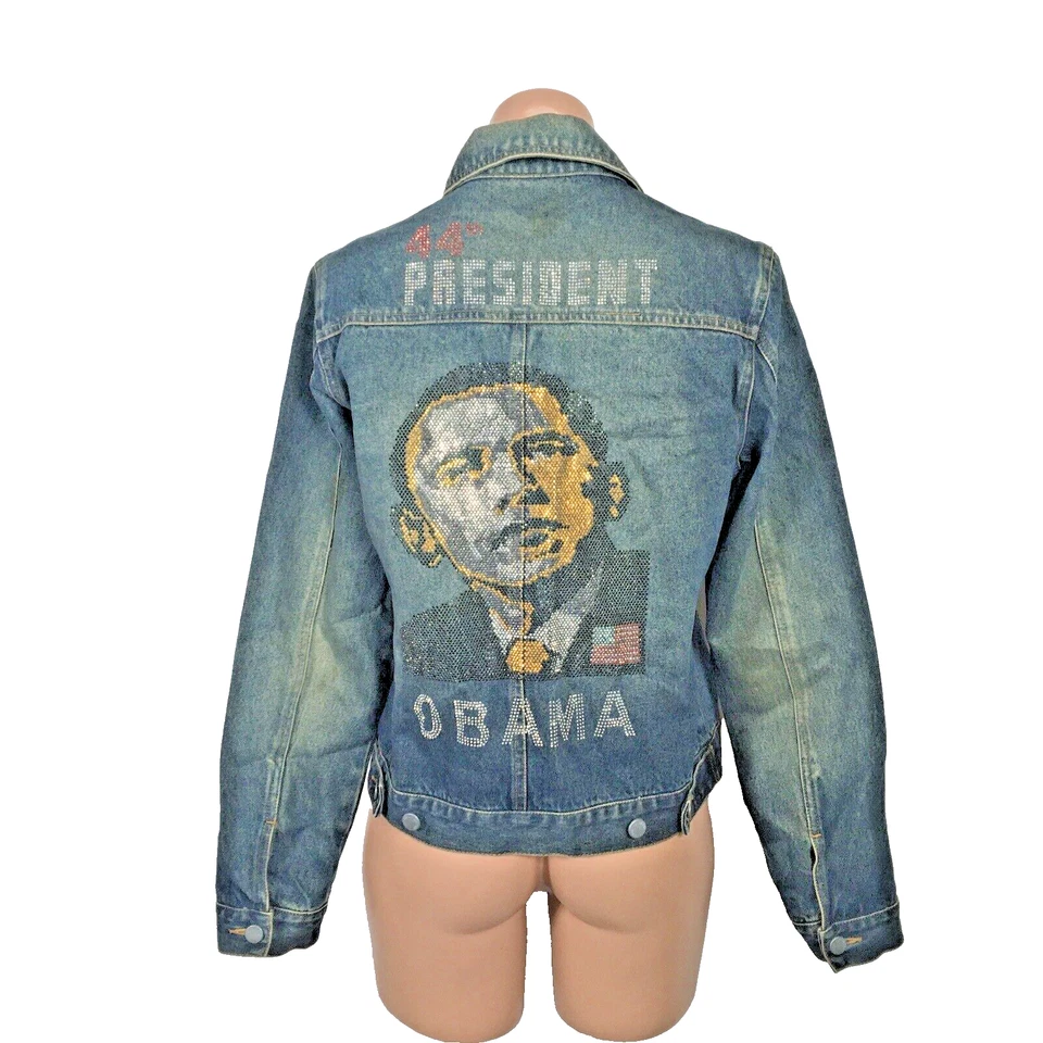 Chaqueta vaquera vintage hecha a mano con gráfico Obama estrás lentejuelas 44º Presidente talla M Foto 1 de 4