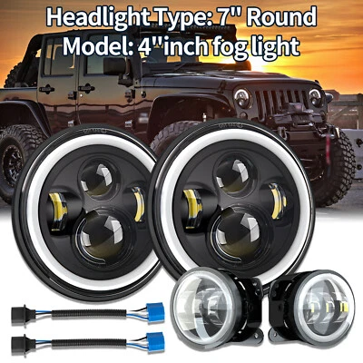 7 Inch Round LED + 4 Inch Fog Light Turn Signal High/Low Beam White 6000k Foto 1 de 4