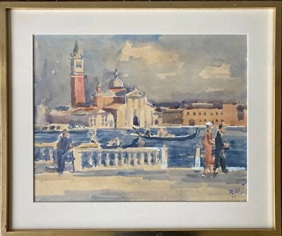 Acquerello Robert Mayer Venezia Con Persone Al Canale Grande In Cornice Dorata - Bild 1 von 4