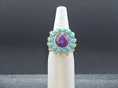 Кольцо гало из желтого золота 10 карат с аметистом и бирюзой - Изображение 1 из 4