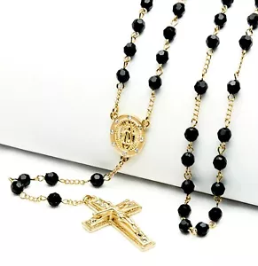 Rosary Black Bead Gold Silver Tone Guadalupe & Jesus Cross 28" Necklace HR 600 - Picture 1 of 8