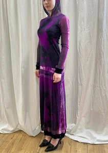 Maxi Vestido Largo Jean Paul Gaultier Maille Mujer Con Capucha Malla Transparente Púrpura S - Imagen 1 de 12