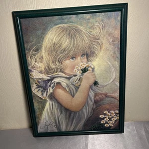 Vintage Crewel Work Su Eten Print Of Girl & Daisies Framed Wall Hanging 17.25” T - Picture 1 of 6