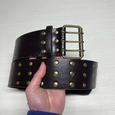 Черный кожаный Y2K винтажный золотой с заклепками коренастый три зубца ремень женщин средний - Изображение 1 из 4