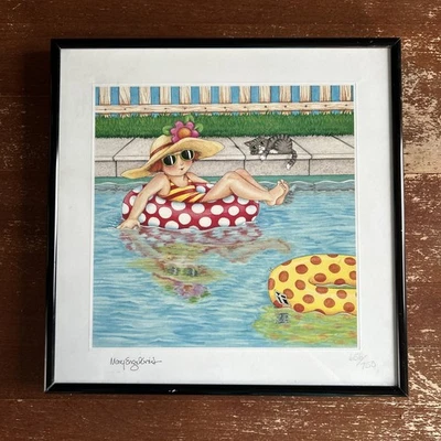 Estampado de piscina de verano numerado vintage Mary Engelbreit - enmarcado 656/750 Foto 1 de 4