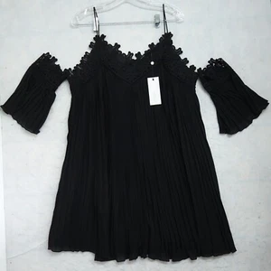 After Market Cold Shoulder Short Dress Women's Size M Black Lace Trim Pleated - Picture 1 of 11