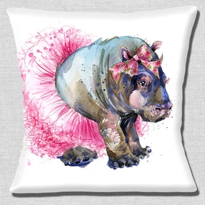 Cute Girl Hippo 16"x16" 40cm Cushion Cover Artistic Design Hippo with Pink Tutu - Imagen 1 de 3