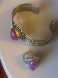 Gorgeous Mexican Style Sterling Silver Purple Gemstone Cuff Bracelet & Ring NEW - Picture 1 of 2