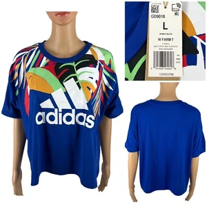 Adidas x Farm Rio Shirt Women Large Blue Tropical Short Sleeve Crop Pullover NWT - Imagen 1 de 13