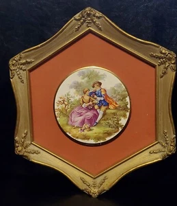 Regency FRAGONARD French Tile Porcelain Wall Art Framed "Man Giving Flowers" - Picture 1 of 3