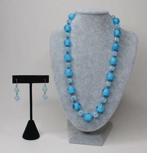 Blue Swirl White Glass Bead Necklace with matching Earrings French Wire Pierced - Picture 1 of 10