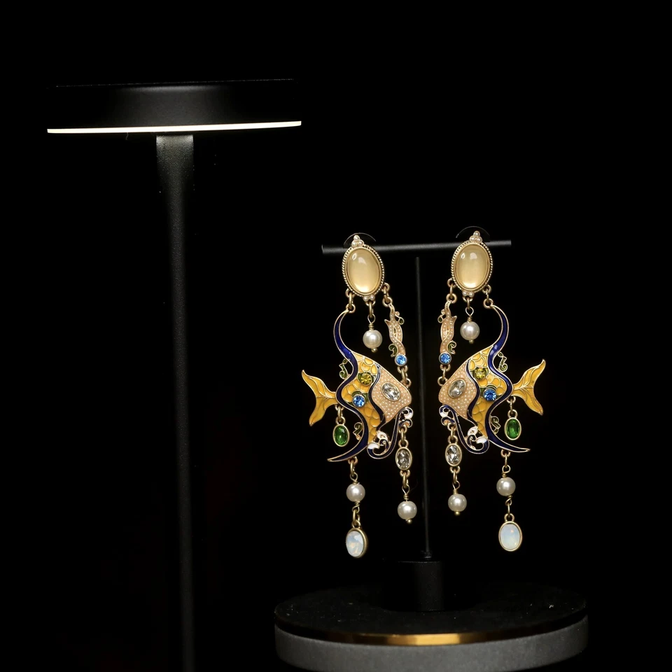 Ohrringe Clip Auf Golden Kerzenständer Fisch Emaille Gelb Blau Bommel X21 - Bild 1 von 4