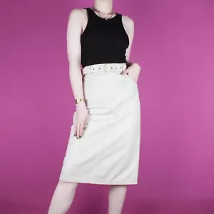 VINTAGE 80s 90s leather womens beige pencil belt wiggle cream skirt small 10 - Picture 1 of 14