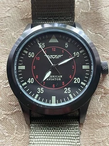 American Aviator 43mm Black Mylar Quartz Watch w/Olive Nylon/Beige Back Band - Picture 1 of 6