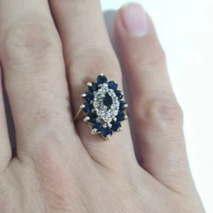 Damen Ring Antik Blau Saphire Diamanten Cocktail 10K Massiv Gelbgold 5,75 - Bild 1 von 21