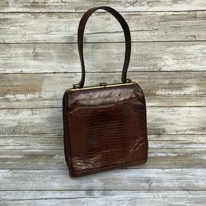 Sac à main vintage reptile exotique cuir marron encadré ton or rétro animal années 50 - Photo 1/10