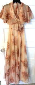 VINTAGE 1970’S SHEER FLORAL HALTER TOP MAXI DRESS W BELL SLEEVE CROP JACKET Sz 7 - Picture 1 of 17