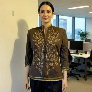 Giacca blazer vintage AdriannaPapell donna 6 marrone ricamato carriera festa lino bl - Foto 1 di 9