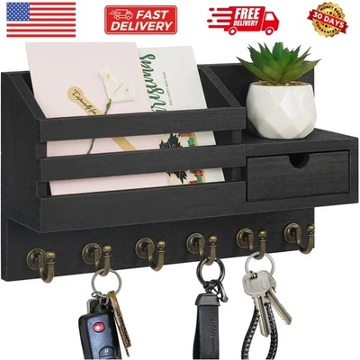 Держатель для ключей и почты для стены, органайзер для почты настенное крепление с 6 крючками и хранилищем... - Изображение 1 из 4