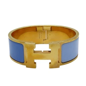 HERMES Clic H Wide Bracelet Blue Enamel Gold Plated - Picture 1 of 10