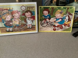 Lot of 2 Vintage Campbell Soup Kids Childrens Board Puzzles Market &bike riding - Imagen 1 de 4