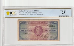 Malta 1943 1 Shilling PCGS Certified Banknote VF 25 Pick 16 - Picture 1 of 2