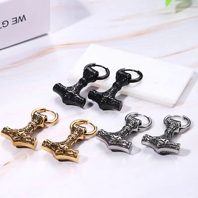 Pendientes colgantes Vikingos Mjolnir Thor's Hammer Huggie de aro de acero inoxidable 316L 2 piezas Foto 1 de 4
