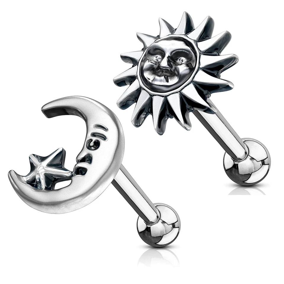 Acciaio Inox Orecchini Piercing Helix Trago Sonne Mond Stelle Argento Donna Uomo - Immagine 1 di 1