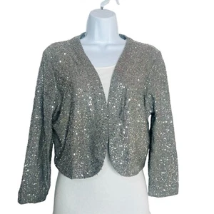 Oscar de la Renta Silber Seide Pailletten offen Bolero Pullover Shrug XL Old Money - Bild 1 von 7