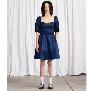 Ali Golden Dress Sweetheart Mini Puff Sleeve in Metallic Navy - Picture 1 of 7