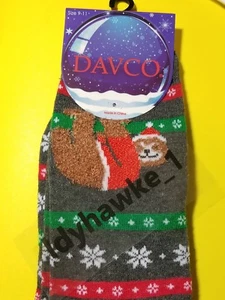 Davco Holiday Christmas Santa Sloth Womens Socks Gray Red Green Holiday Gift - Picture 1 of 4