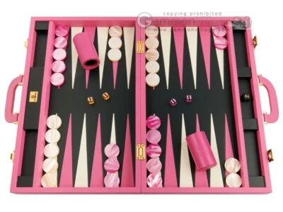 New 20" Zaza & Sacci Medium Leather Backgammon Set – Pink Case w/ Black Field - Image 1 of 4