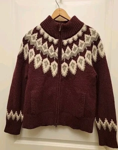LL Bean Lambs Wool Knit Burgundy Fair Isle Full Zip Cardigan Sweater, Sz MED Pet - Picture 1 of 3