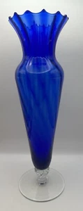 Tall Cobalt Blue Glass Vase with Ridges Scalloped Edge Clear Footed 11.25” - Picture 1 of 12
