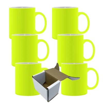 6-Pack 11oz Neon Yellow Sublimation Mugs - Yellow Inner & Handle w/ Gift Boxes - Image 1 of 2