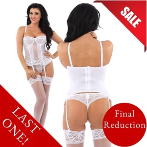 White Lace Corset Basque Suspenders Thong Underwired Hook & Eye Strapless 42B - Picture 1 of 3