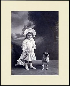 PUG AND LITTLE GIRL WITH PARASOL LOVELY LITTLE DOG PRINT MOUNTED READY TO FRAME - Picture 1 of 1