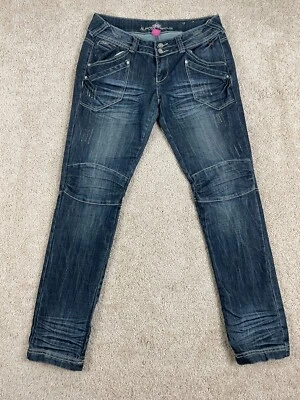 Pantalones de mezclilla Almost Famous para mujer 32x31 elásticos rectos desgastados bolsillos azules Foto 1 de 4